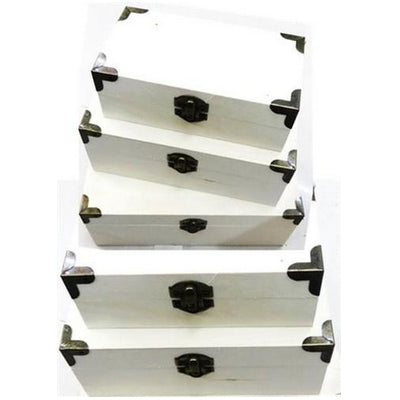 Set of 5 white color wooden boxes with metal corners 28/20/10.5cm(11.02/7.87/4.13in); 25/17.5/9.5cm(9.84/6.89/3.74in);22/14.5/8.5cm(8.66/5.71/3.35in); 19/11.5/7cm(7.48/4.53/2.76in); 16/8.5/5.5cm(6.3/3.35/2.17in)