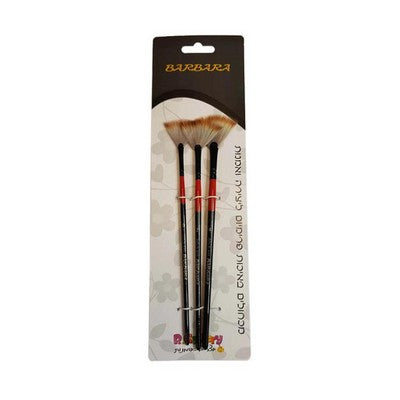 Set of 3 fan shape brushes red and black handle, PVC cover on the brushes hair, use black color card with barbara logo