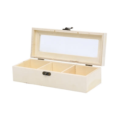 White color Rectangle shape wooden box with 3 cells, glass cover and france hook lock 8.2/21.2/6 cm(3.23/8.35/2.36in) plywood 0.6 cm (0.24in)