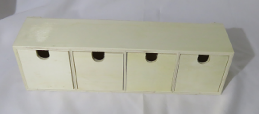 4 cells box total size 35/8/9.5 cm(13.78/3.15/3.74in) plywood 0.6 cm(0.24in) each cell is 8.2/7.8/8 cm(3.23/3.07/3.15in) plywood front 0.5 cm(0.2in) sides 0.4 cm(0.16in)