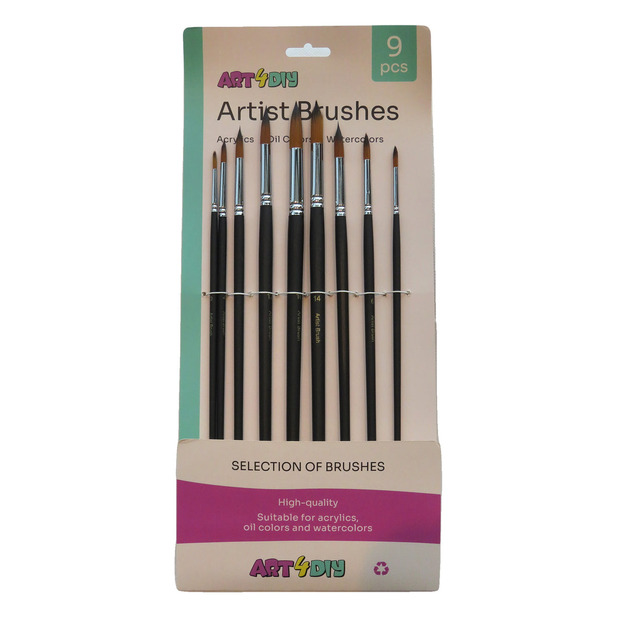 ART4DIY Artist Brushes 9 pcs - Black Handle, Pointed Tip (HB019B)
