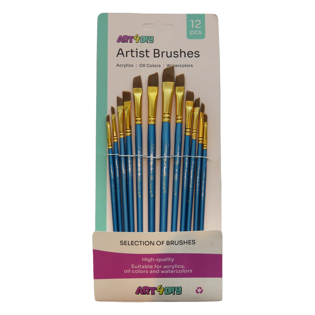 ART4DIY Artist Brushes 12 pcs - Blue Handle, Angled Tip (HB022D)