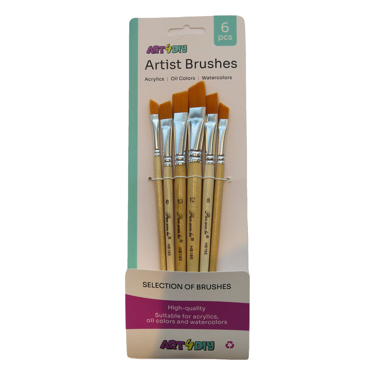 ART4DIY Artist Brushes 6 pcs - Natural Wood Handle, Angled Tip (HB185D)