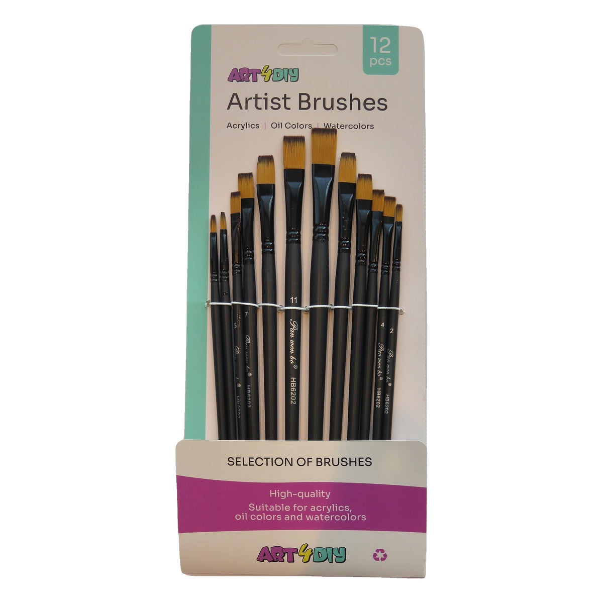 ART4DIY Artist Brushes 12 pcs - Black Handle, Flat Tip (HB6202A)