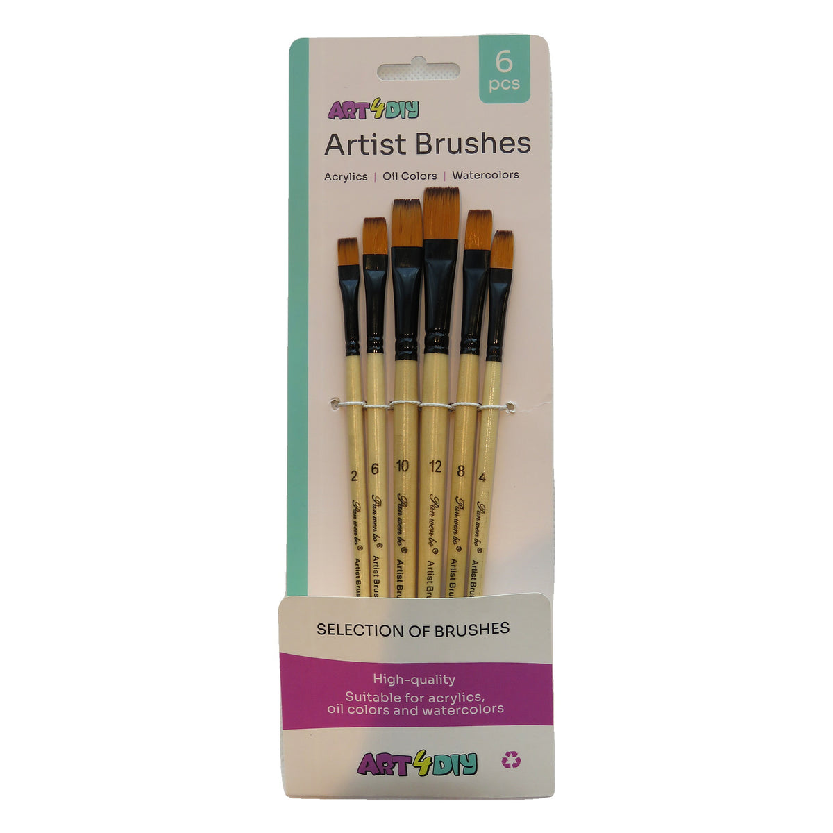 ART4DIY Artist Brushes 6 pcs - Natural Wood Handle, Black Ferrule, Flat Tip (HB902A)
