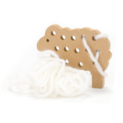 MDF sheep cutting with 13 holes Diameter 7 mm(0.28in), with 5 M(197in) wool in white color thickness 3-4 mm(1.18-1.57in), each set pack in opp bag with sticker, 10/8 cm(3.94/3.15in) thickness 9 mm(0.354in)