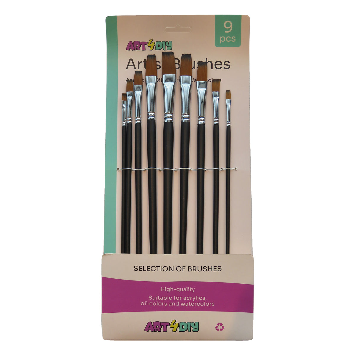 ART4DIY Artist Brushes 9 pcs - Black Handle, Flat Tip (HB019A)