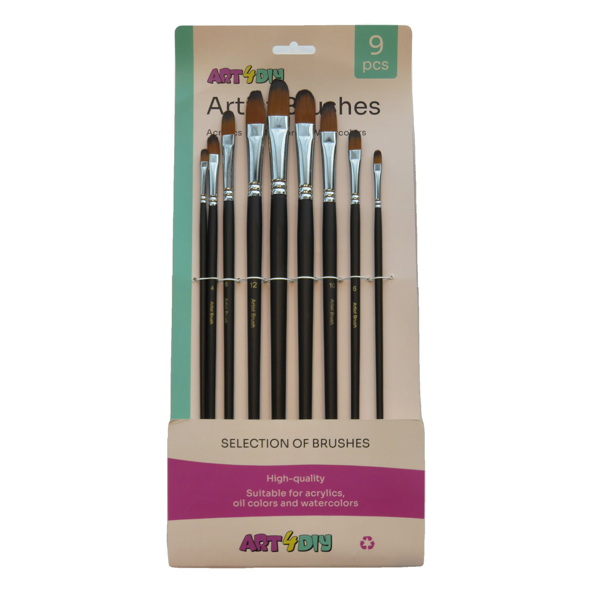 ART4DIY Artist Brushes 9 pcs - Black Handle, Filbert Tip (HB019C)