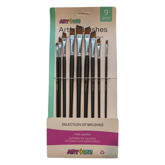 ART4DIY Artist Brushes 9 pcs - Black Handle, Angled Tip (HB019D)