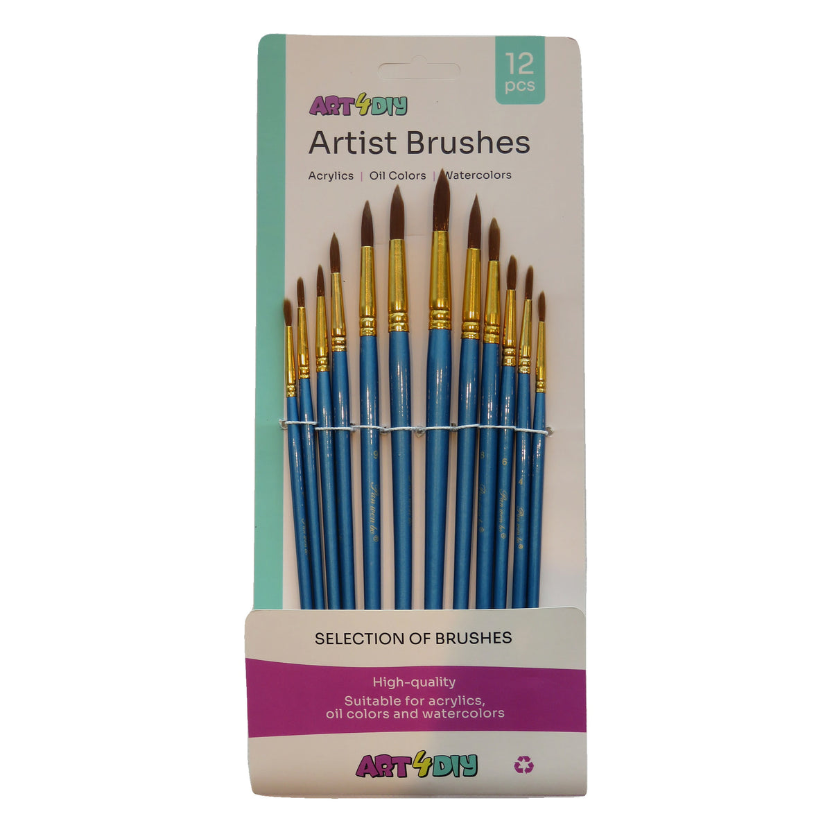 ART4DIY Artist Brushes 12 pcs - Blue Handle, Pointed Tip (HB022B)