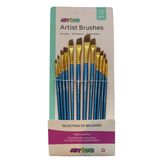 ART4DIY Artist Brushes 12 pcs - Blue Handle, Angled Tip (HB022D)