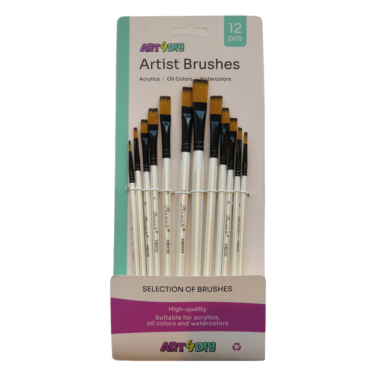 ART4DIY Artist Brushes 12 pcs - Pearl White Handle, Flat Tip (HB030A)