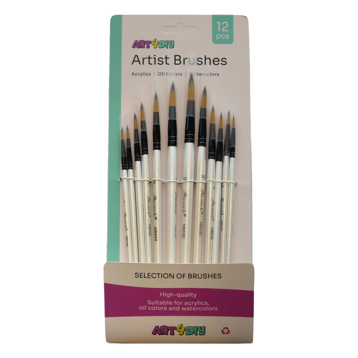 ART4DIY Artist Brushes 12 pcs - Pearl White Handle, Pointed Tip (HB030B)