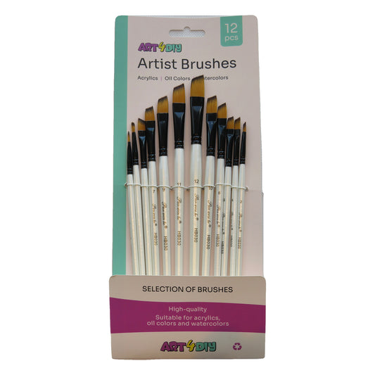 ART4DIY Artist Brushes 12 pcs - Pearl White Handle, Angled Tip (HB030D)
