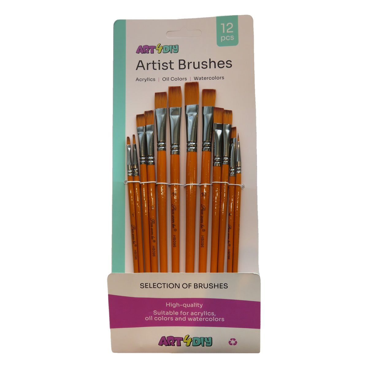 ART4DIY Artist Brushes 12 pcs - Orange Handle, Flat Tip (HB096A)