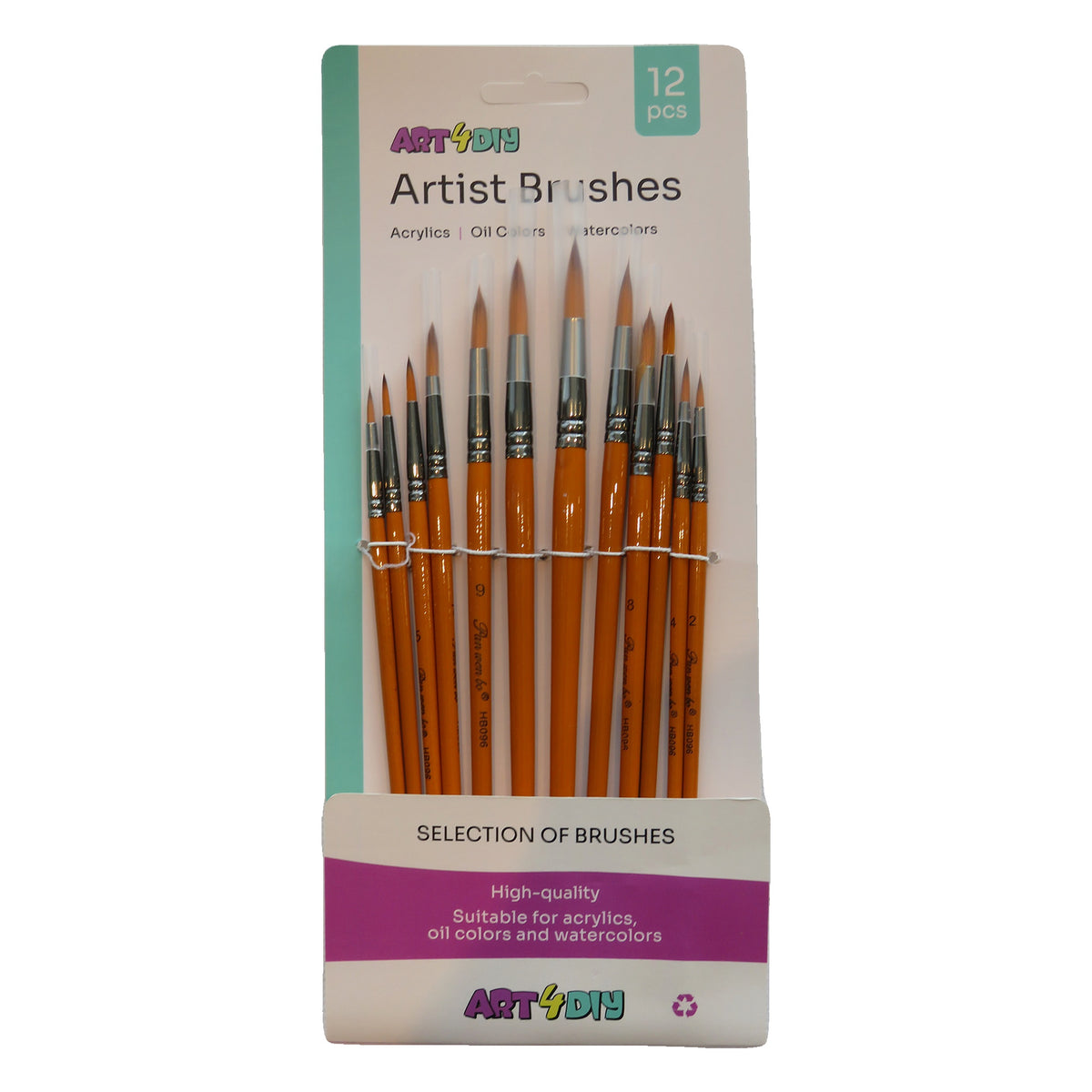 ART4DIY Artist Brushes 12 pcs - Orange Handle, Pointed Tip (HB096B)