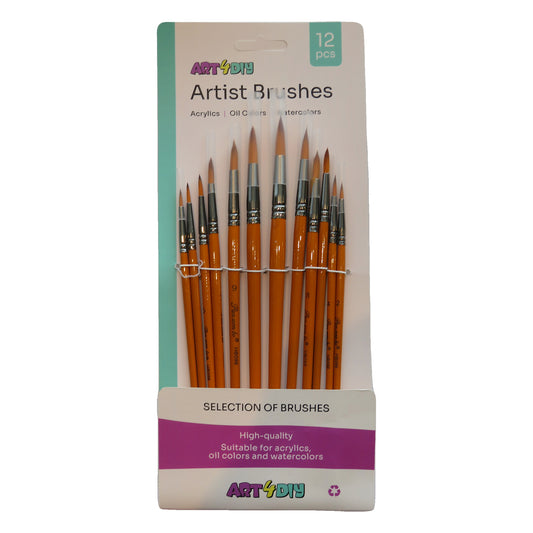 ART4DIY Artist Brushes 12 pcs - Orange Handle, Pointed Tip (HB096B)