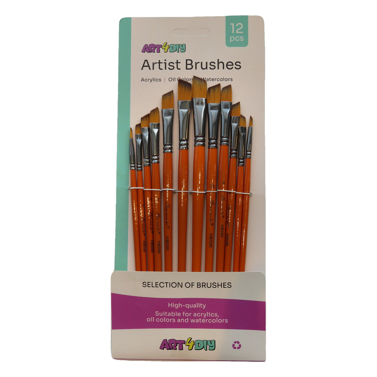 ART4DIY Artist Brushes 12 pcs - Orange Handle, Angled Tip (HB096D)