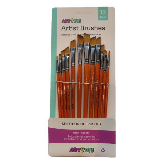 ART4DIY Artist Brushes 12 pcs - Orange Handle, Angled Tip (HB096D)