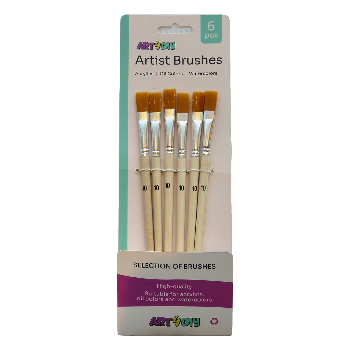 ART4DIY Artist Brushes 6 pcs - No.10, Natural Wood Handle, Golden Bristles, Flat Tip (HB121A-10)