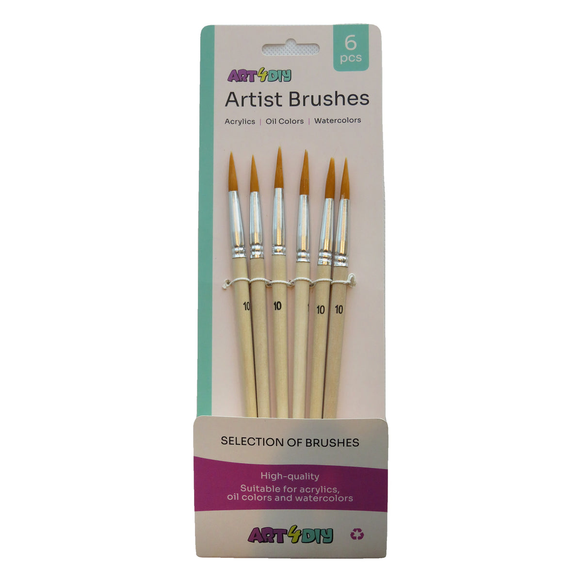 ART4DIY Artist Brushes 6 pcs - No.10, Natural Wood Handle, Golden Bristles, Round Tip (HB121B-10)