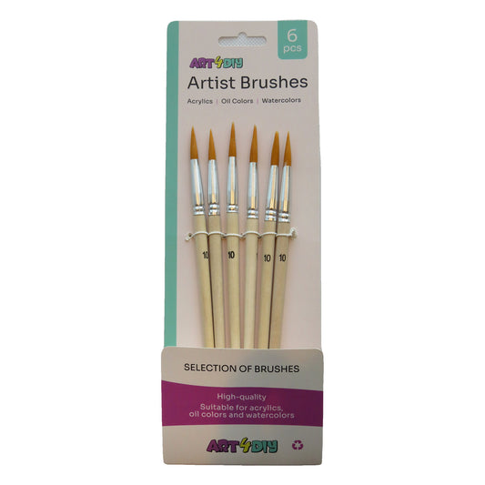 ART4DIY Artist Brushes 6 pcs - No.10, Natural Wood Handle, Golden Bristles, Round Tip (HB121B-10)