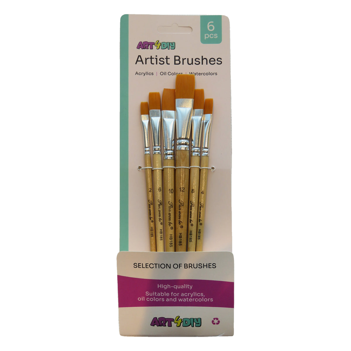 ART4DIY Artist Brushes 6 pcs - Natural Wood Handle, Flat Tip (HB185A)