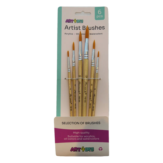ART4DIY Artist Brushes 6 pcs - Natural Wood Handle, Pointed Tip (HB185B)