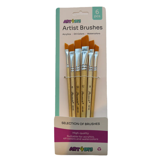 ART4DIY Artist Brushes 6 pcs - Natural Wood Handle, Angled Tip (HB185D)