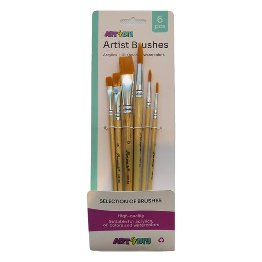 ART4DIY Artist Brushes 6 pcs - Natural Wood Handle, 3 Pointed + 3 Flat (HB185E)