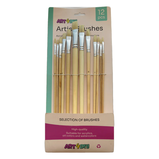 ART4DIY Artist Brushes 12 pcs - Hog Bristle, Flat Tip (HB579-121)
