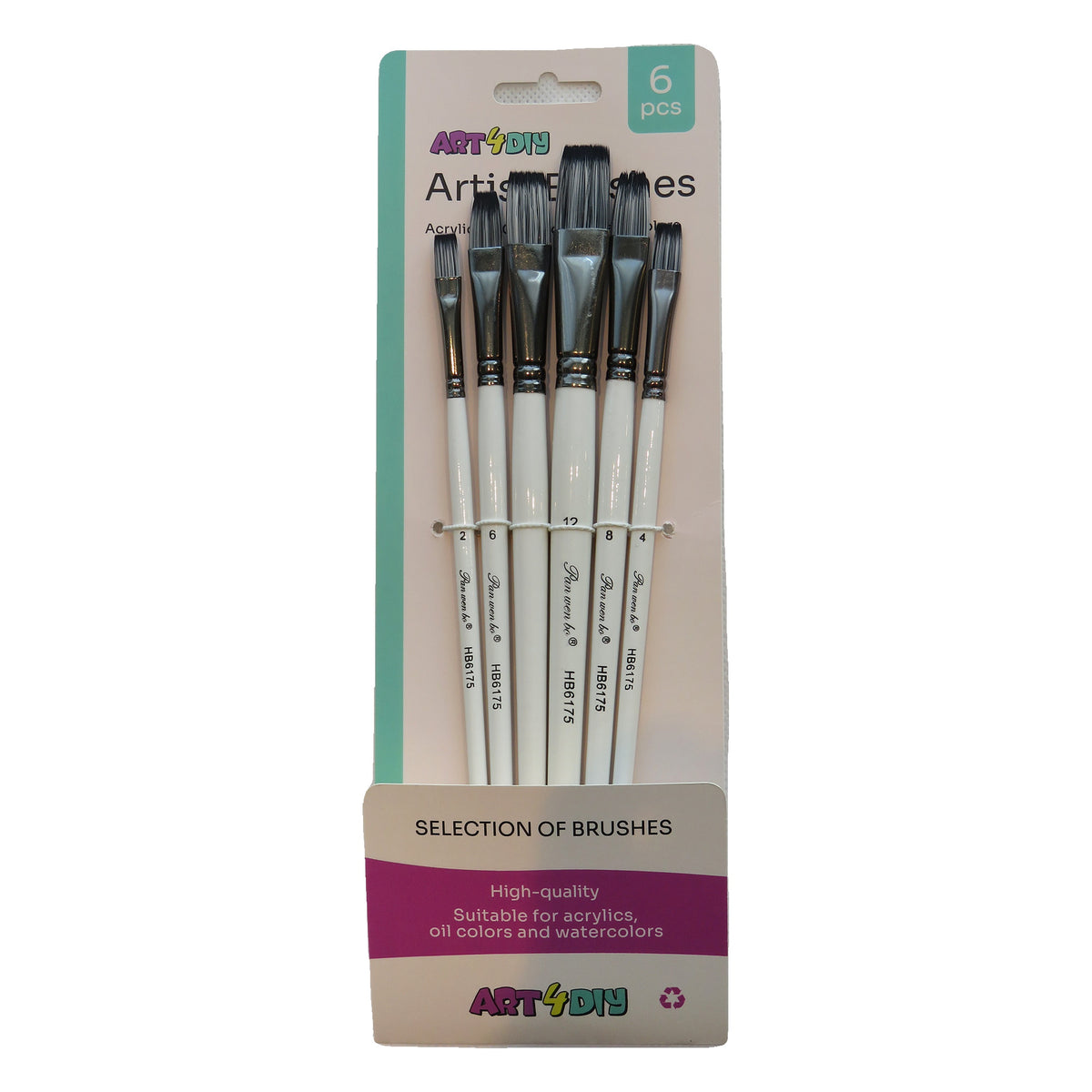 ART4DIY Artist Brushes 6 pcs - Tri-color Handle, Variegated Bristles, Flat Tip (HB6175A)