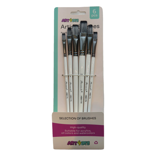 ART4DIY Artist Brushes 6 pcs - Tri-color Handle, Variegated Bristles, Flat Tip (HB6175A)