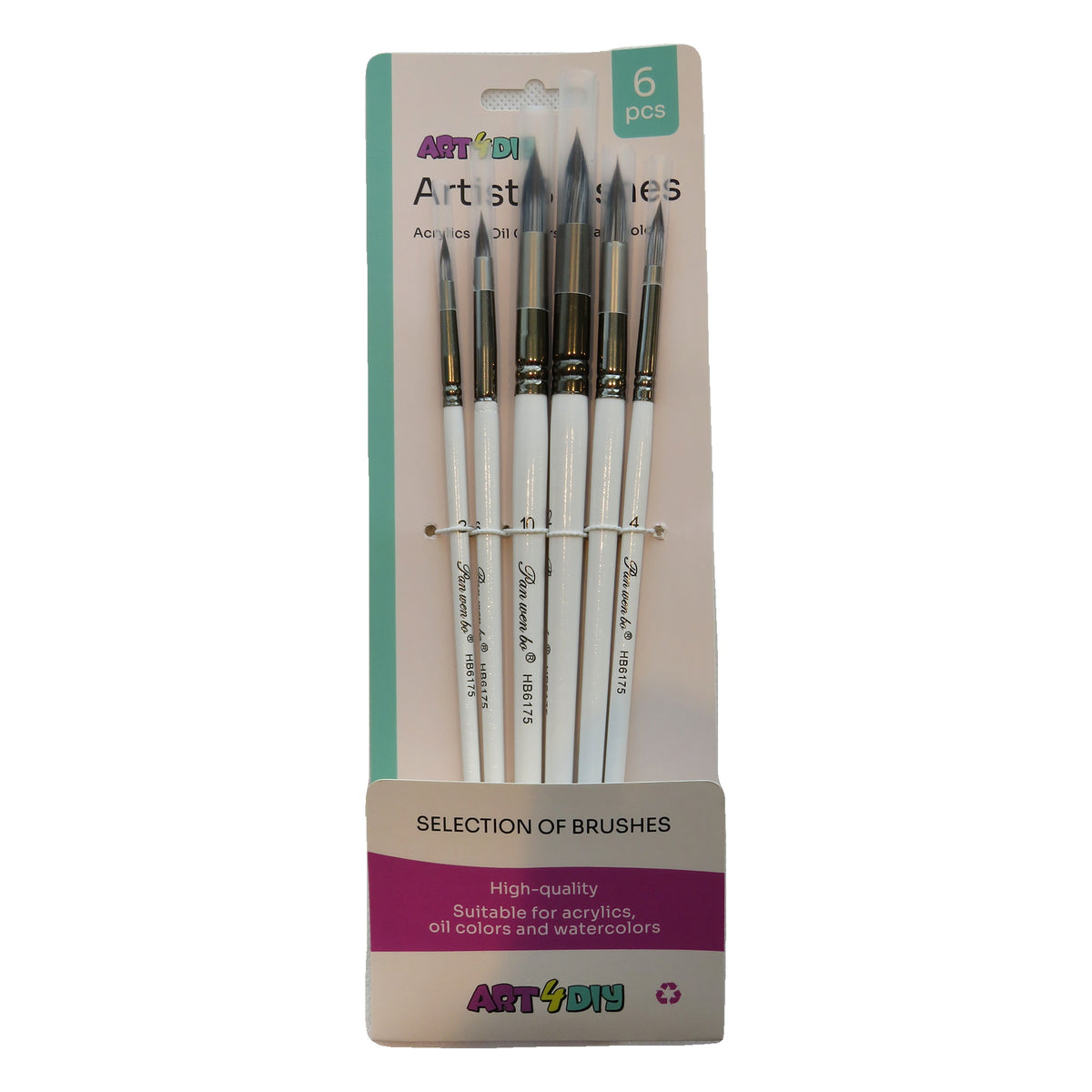 ART4DIY Artist Brushes 6 pcs - Tri-color Handle, Variegated Bristles, Pointed Tip (HB6175B)