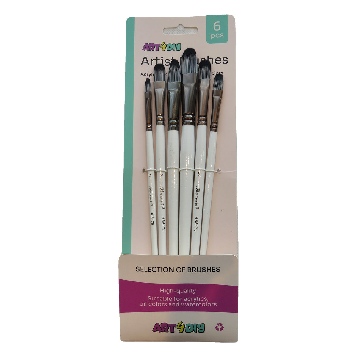 ART4DIY Artist Brushes 6 pcs - Tri-color Handle, Variegated Bristles, Filbert Tip (HB6175C)