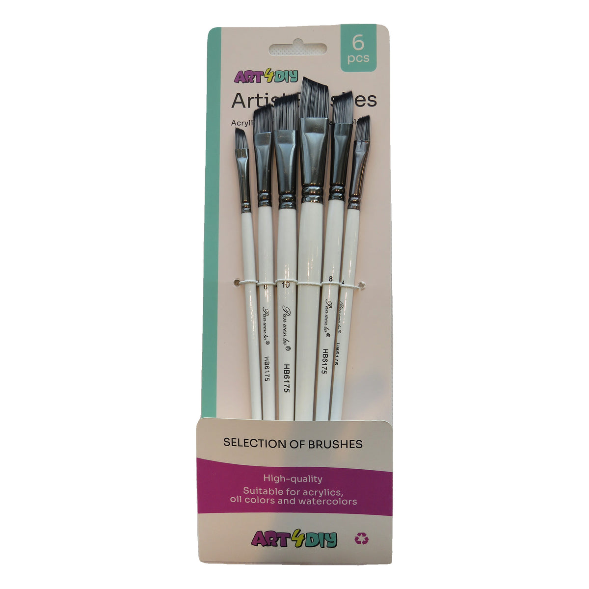 ART4DIY Artist Brushes 6 pcs - Tri-color Handle, Variegated Bristles, Angled Tip (HB6175D)
