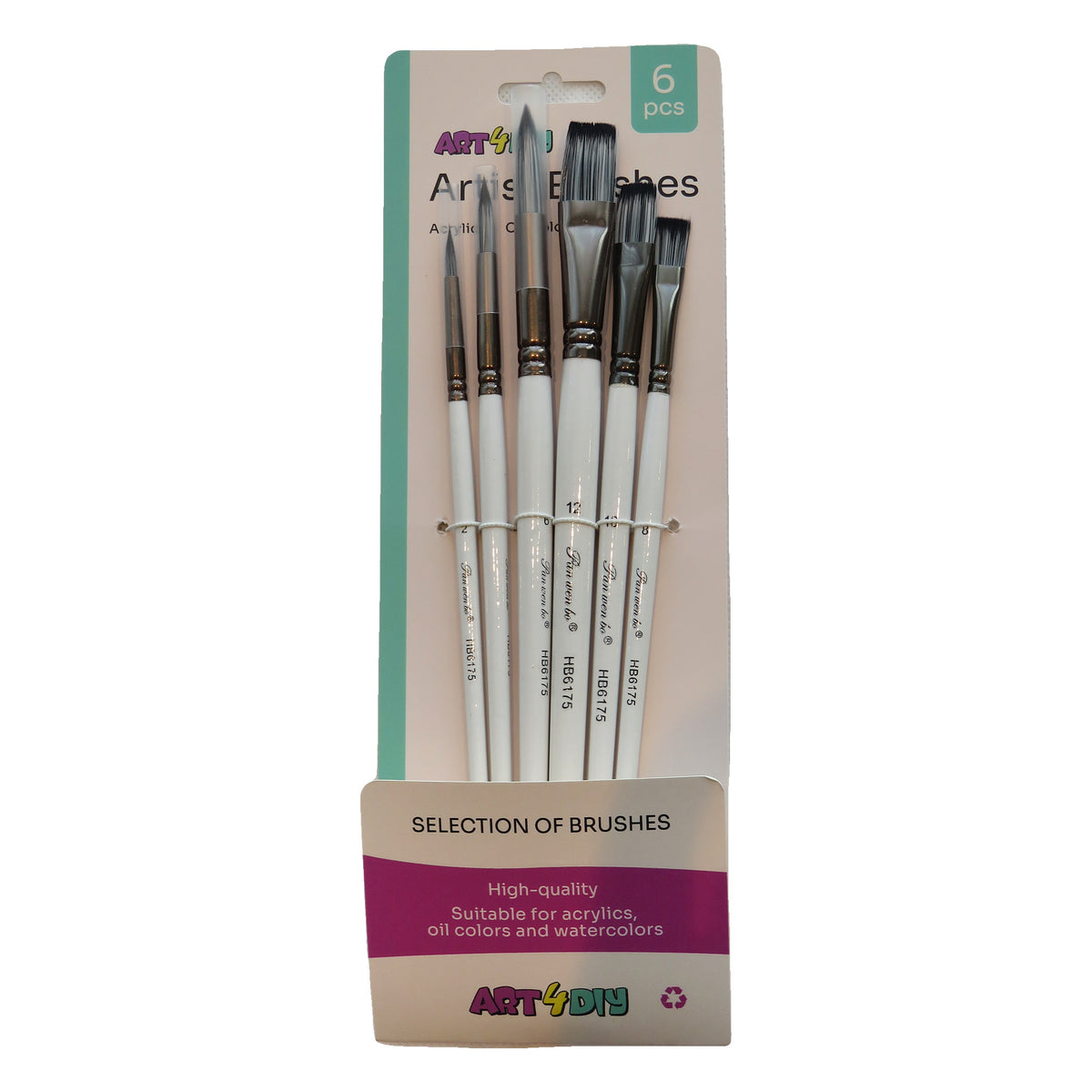 ART4DIY Artist Brushes 6 pcs - Tri-color Handle, Variegated Bristles, 3 Pointed + 3 Flat (HB6175E)