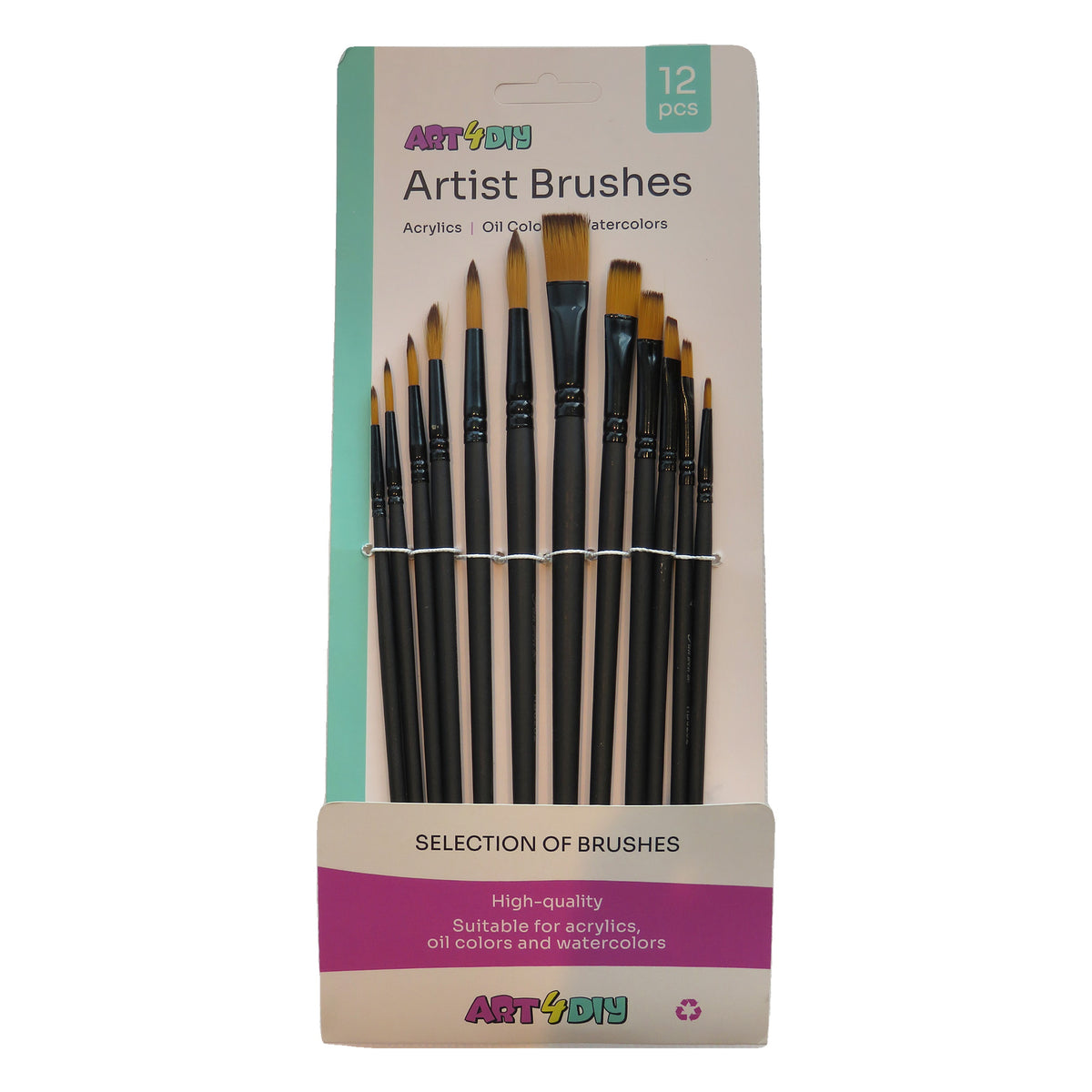 ART4DIY Artist Brushes 12 pcs - Black Handle, 6 Pointed + 6 Flat (HB6202AB)