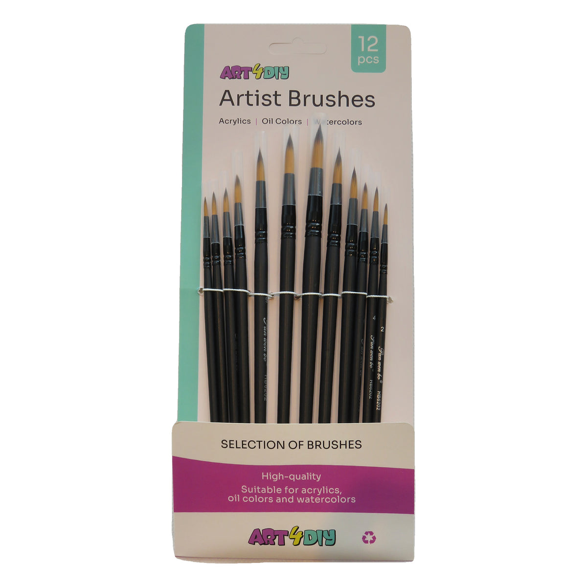 ART4DIY Artist Brushes 12 pcs - Black Handle, Pointed Tip (HB6202B)