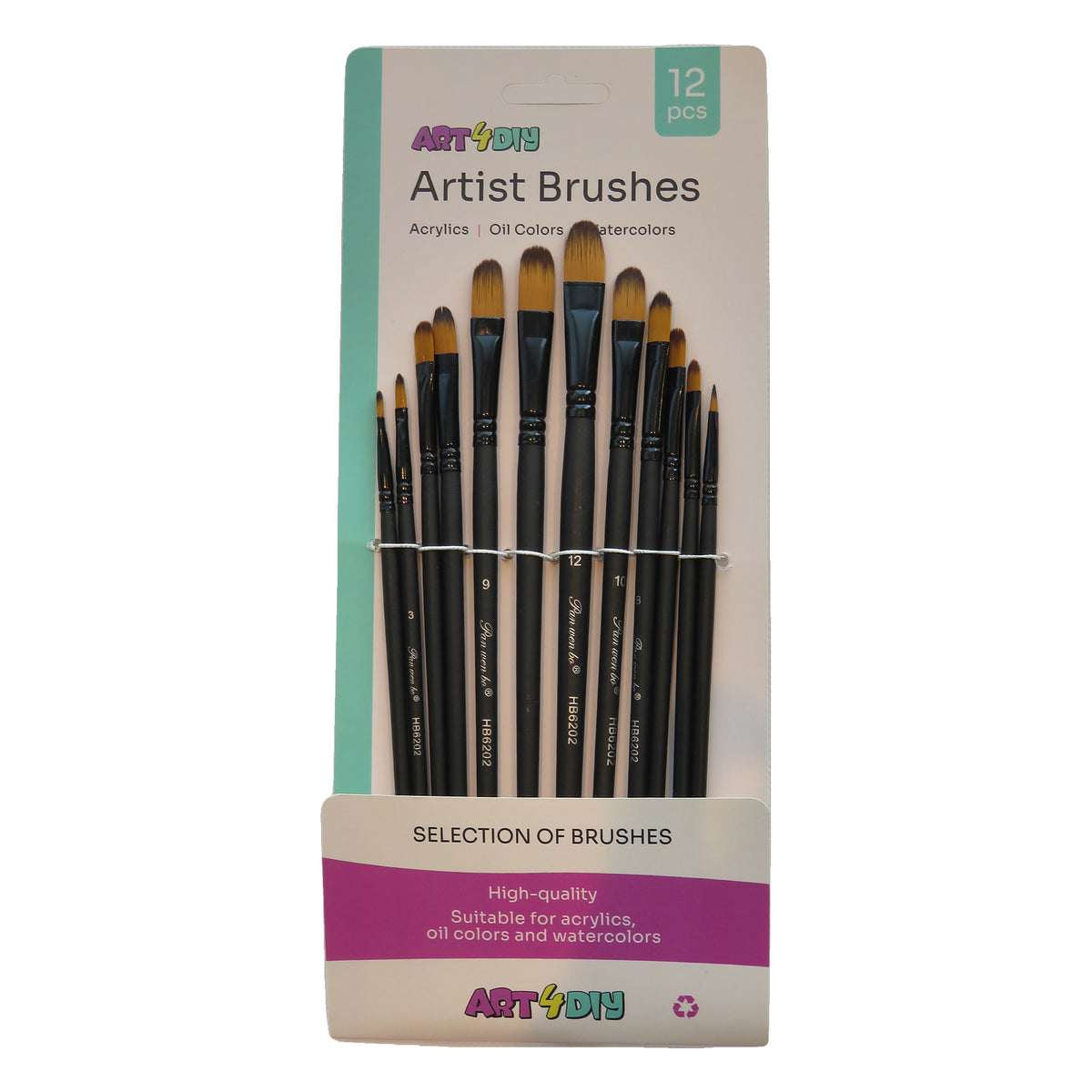ART4DIY Artist Brushes 12 pcs - Black Handle, Filbert Tip (HB6202C)