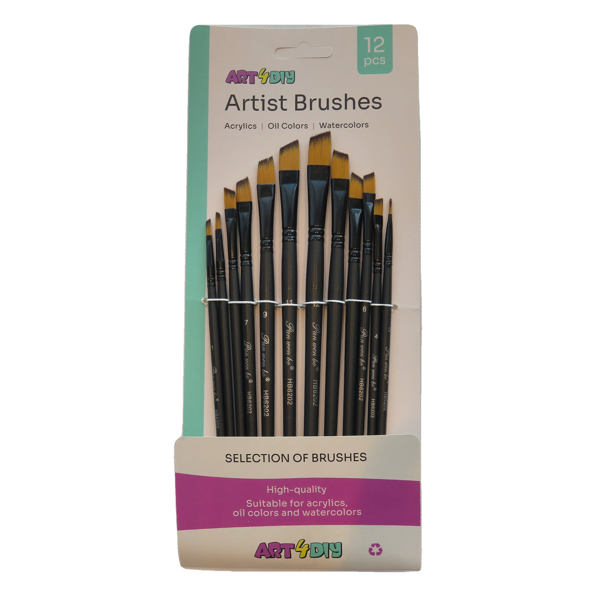 ART4DIY Artist Brushes 12 pcs - Black Handle, Angled Tip (HB6202D)