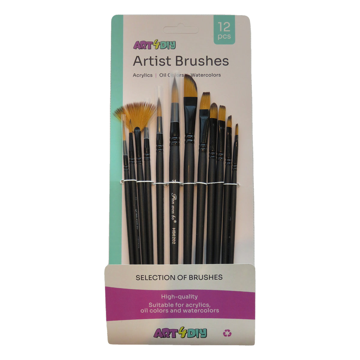 ART4DIY Artist Brushes 12 pcs - Black Handle, Assorted Tips incl. Fan (HB6202H)