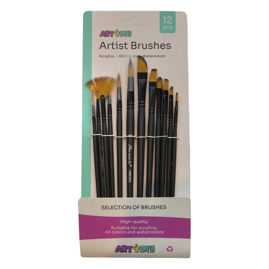 ART4DIY Artist Brushes 12 pcs - Black Handle, Assorted Tips incl. Fan (HB6202H)