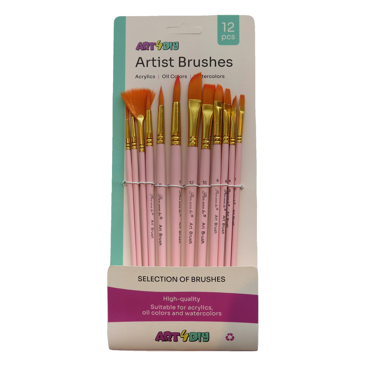 ART4DIY Artist Brushes 12 pcs - Macaron Fan + Assorted Tips, Pink (HB810F)