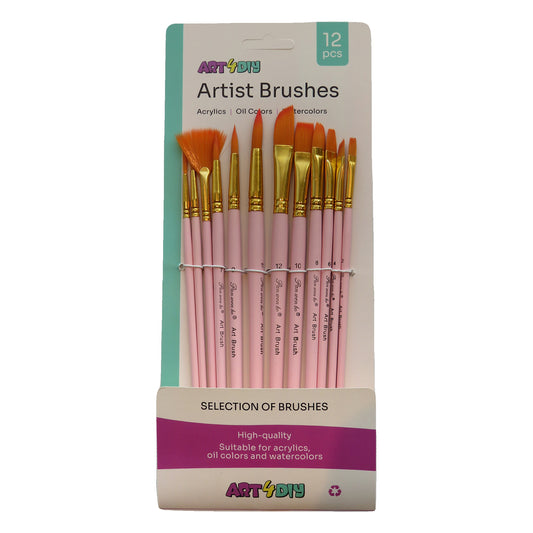 ART4DIY Artist Brushes 12 pcs - Macaron Fan + Assorted Tips, Pink (HB810F)