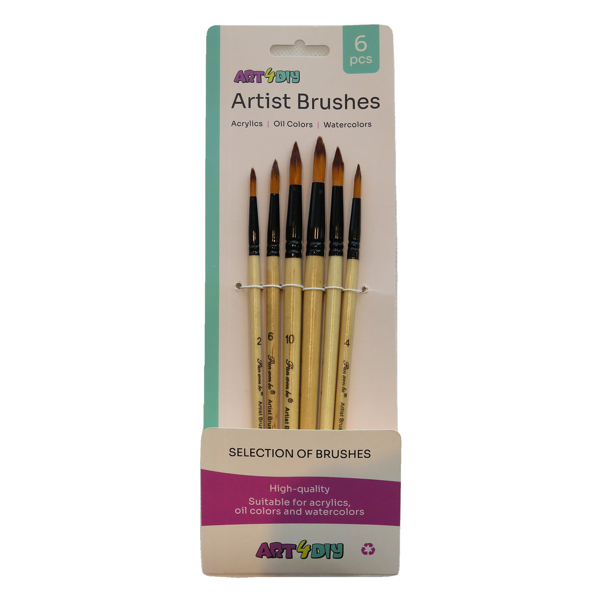 ART4DIY Artist Brushes 6 pcs - Natural Wood Handle, Black Ferrule, Pointed Tip (HB902B)