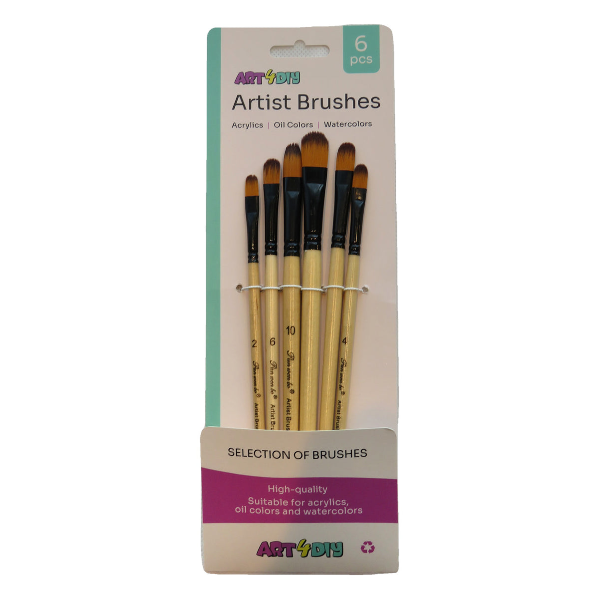 ART4DIY Artist Brushes 6 pcs - Natural Wood Handle, Black Ferrule, Filbert Tip (HB902C)
