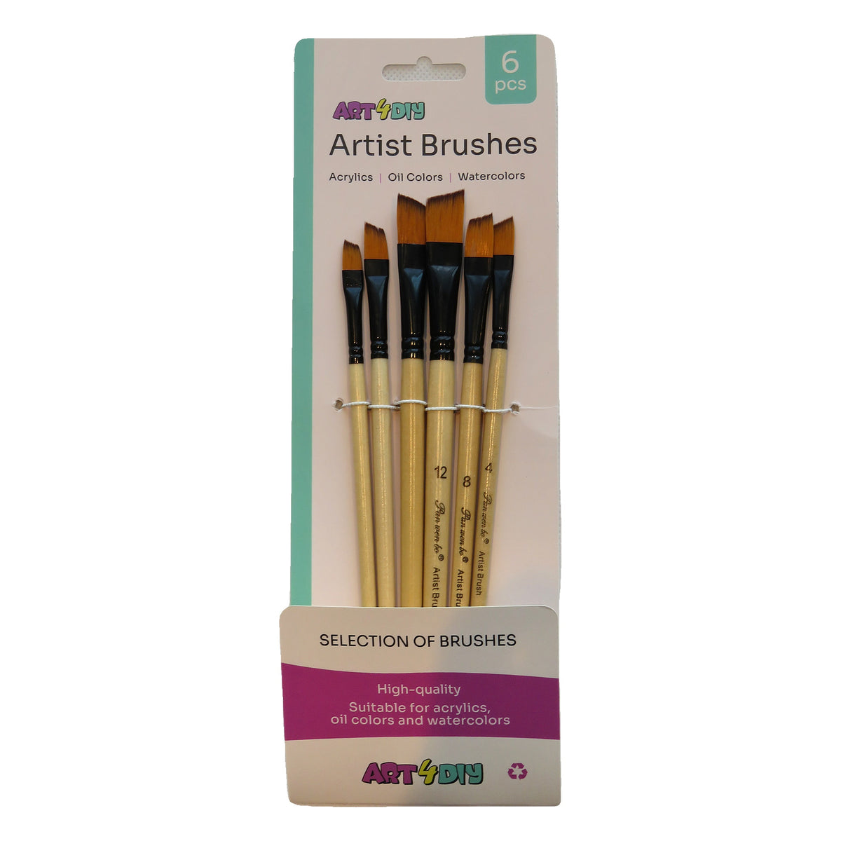 ART4DIY Artist Brushes 6 pcs - Natural Wood Handle, Black Ferrule, Angled Tip (HB902D)